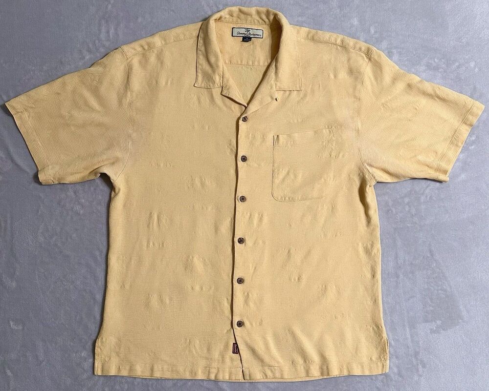 Y2K Vintage Tommy Bahama Men's XL 100% Silk Jacquard Yellow Palm Tree Camp Shirt
